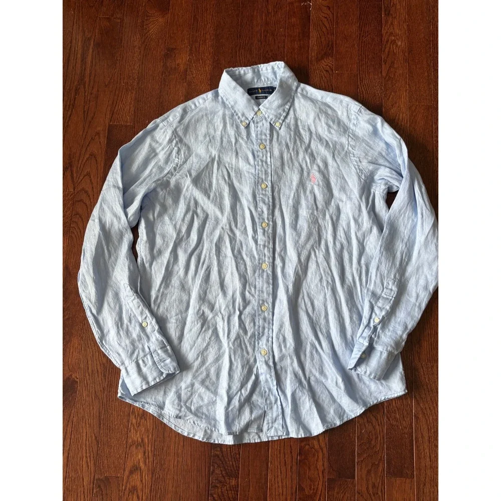Polo Ralph Lauren Mens Light Blue 100% Linen Classic Fit Button Down Shirt L